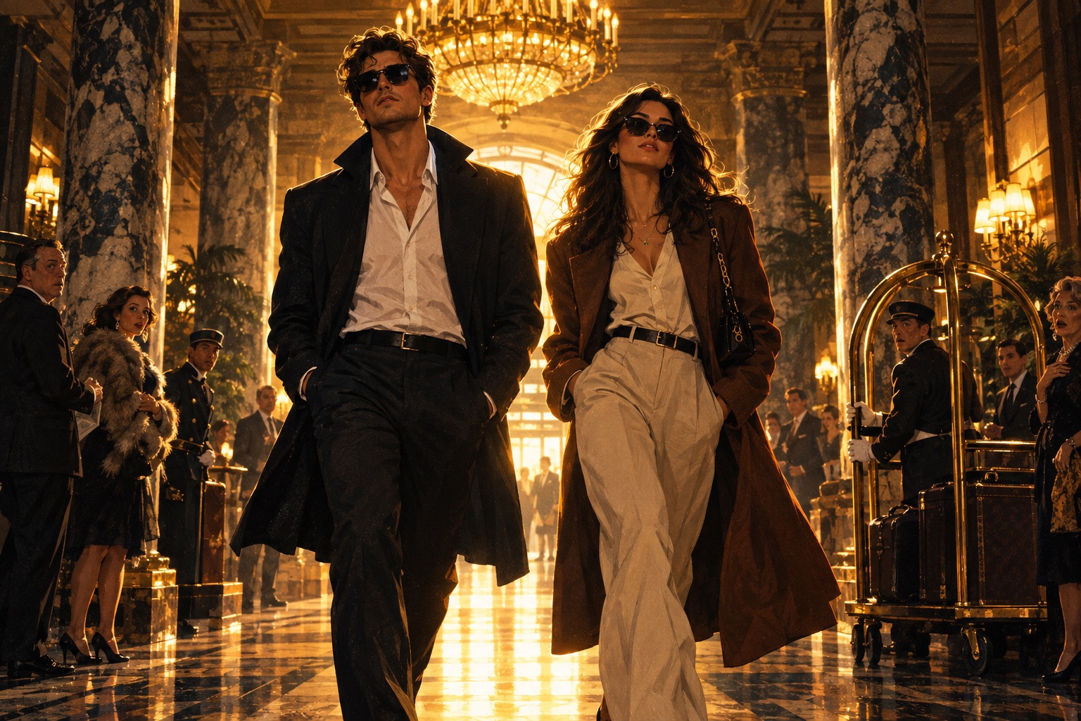 Illustrated movie-poster style artwork of two friends in sunglasses strutting through a grand hotel lobby while onlookers freeze